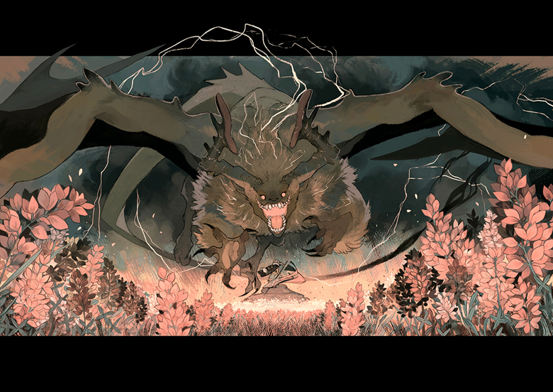 the artwork depicts a large, fearsome, winged dragonlike creature descending upon a field of pink lupine flowers. the creature is predominantly brown and green, with a shaggy mane and menacing teeth. its wings are spread wide, and faint lightning bolts arc around it. the lighting suggests a stormy atmosphere.  a small figure, almost insignificant in scale compared to the beast, is visible at the base of the creature, suggesting a scene of conflict or confrontation. the overall style is dark fantasy, with a strong contrast between the creature's imposing presence and the delicate beauty of the flowers. the muted color palette, mostly browns, greens, and dusky pinks enhances the ominous mood.