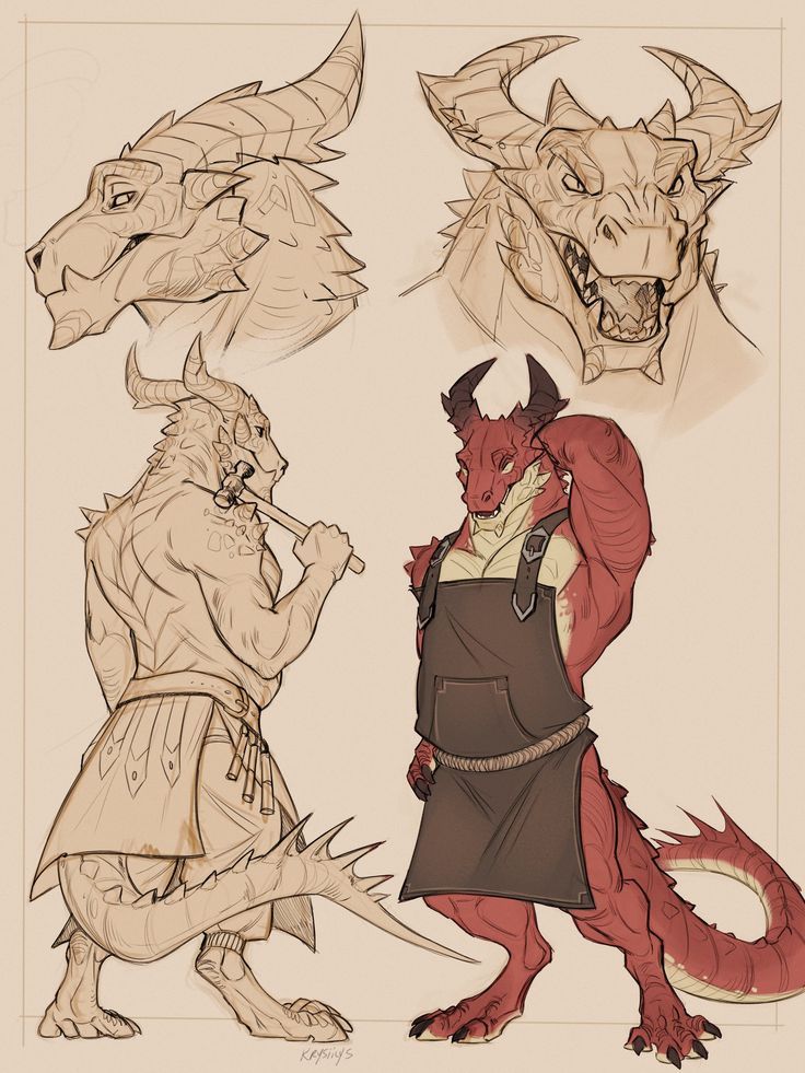 this illustration features a dragon in four different poses. the first is a closeup portrait of the dragon's head, showing its sharp teeth and fierce expression. the second is a full body sketch of a dragon with a large, powerful build. the third is a similar full body sketch but with a more delicate build. the last is a drawing of a dragon in a red apron and with one hand on his hip, looking like a baker or chef.  the illustration is done in a style that is both realistic and stylized. it captures the beauty and power of dragons, while also adding a touch of humor and personality to the creatures.