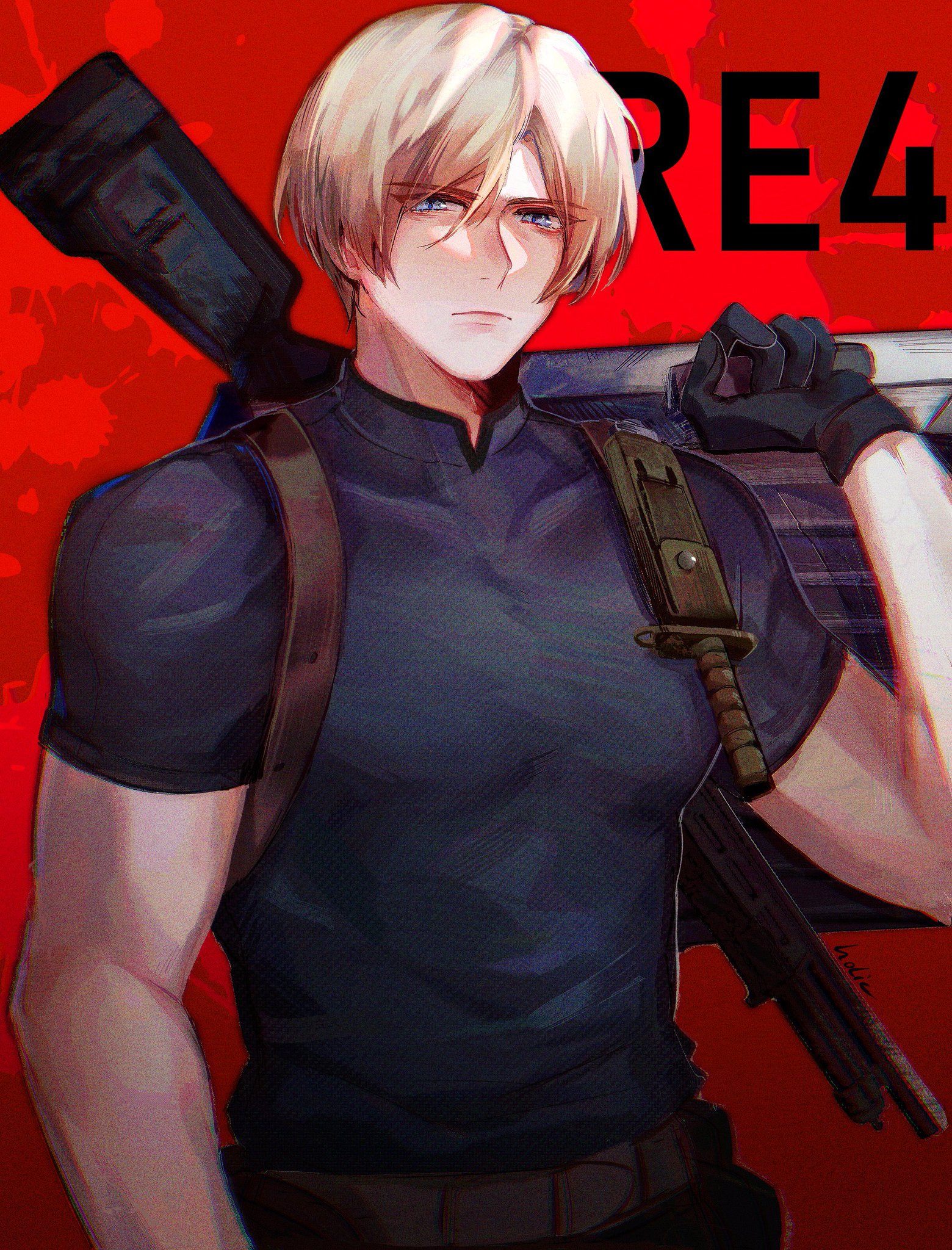 an animestyle fan art depiction of leon s. kennedy from resident evil 4, set against a red background with "re4" text and blood splatter. leon has blonde hair, blue eyes, and wears a black shirt with a shoulder holster. he is holding multiple weapons, including a rifle.
