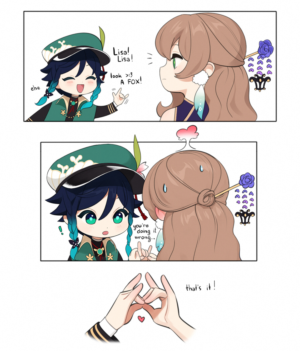 the comic shows a heartwarming interaction between two characters, likely lisa and collei from genshin impact. in the first panel, lisa excitedly points out a fox to collei while making a hand gesture resembling a fox's face. in the second panel, lisa corrects collei's attempt at replicating the gesture, guiding her fingers into the correct position. the final panel focuses on their hands forming the fox gesture correctly, highlighting their close bond and lisa's patience in teaching collei.