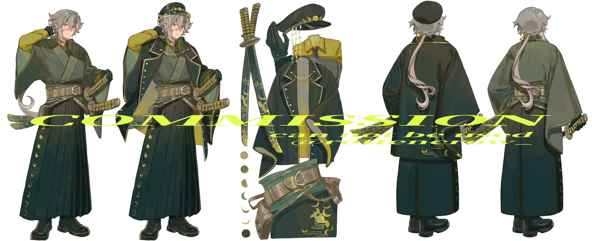 this is a digital artwork depicting an anime/manga style male character in various poses. he is dressed in a traditional japanese kimono with green and black color schemes. he is holding a katana sword in some of the poses and is also wearing a hat. the artwork appears to be a commission and is labeled as such on the image.