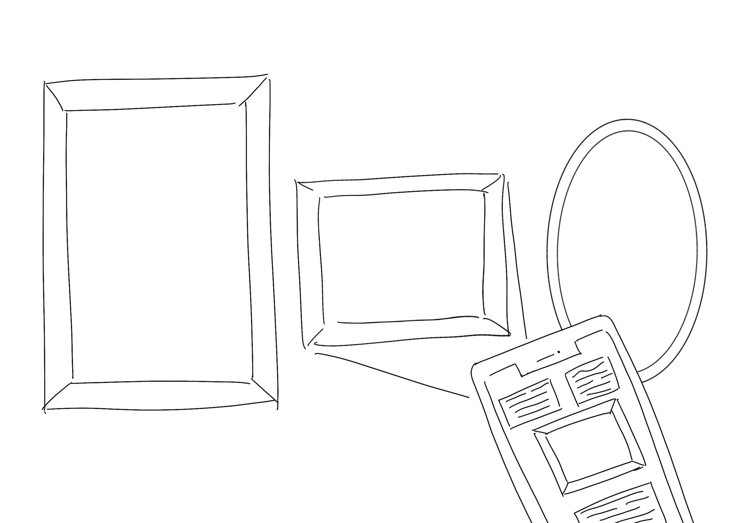 the image is a handdrawn sketch depicting three picture frames of varying sizes and shapes. there's a large rectangular frame, a smaller square frame, and a round mirror. a tablet computer lies at an angle, partially obscuring the round mirror. the tablet shows a simplistic app interface with rectangular sections. the sketch style is loose and informal, emphasizing the arrangement and the interplay of shapes and sizes.  the overall impression is that of a design concept or mockup for home decor or interior design.