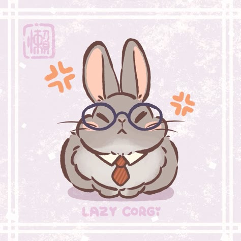 a cartoon drawing of a bunny rabbit with glasses and a tie wearing a frustrated expression. the bunny is colored grey, with brown glasses, an orange tie, and is set on a white background with pink detailing. two angry red symbols appear above the bunny's head. the words "lazy corgi" are written below the rabbit. the bunny is meant to be a funny cartoon representation of a frustrated person.
