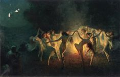 this painting depicts a group of nude people dancing in a circle at night, with a few people watching in the background. the scene is illuminated by firelight and moonlight, creating a mystical atmosphere. the painting may depict folklore.