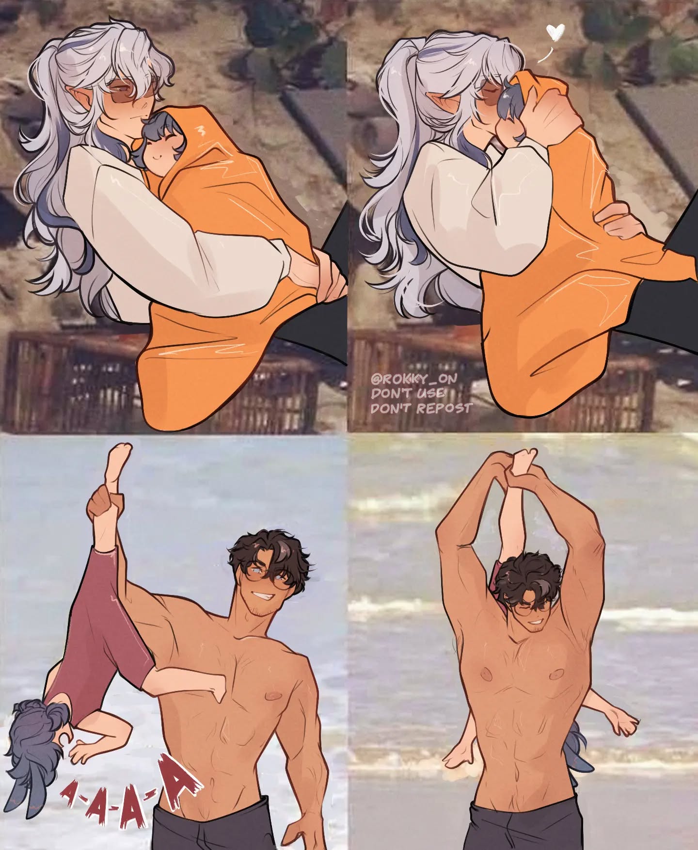 the image is a digital illustration, possibly fanart, depicting a series of four panels showing a couple and their child enjoying various activities. the first two panels show a lighthaired woman with elflike ears tenderly holding and cuddling a small child wrapped in an orange blanket/poncho.  the setting appears to be a casual outdoor space. the third and fourth panels switch to a beach setting, showcasing a muscular man playfully lifting and holding a child in his arms.  the art style is animeinfluenced, with soft lines and a warm color palette. the overall tone is lighthearted, romantic, and familyoriented.  the presence of glasses on some characters and the child's attire suggest a modern interpretation of the theme.