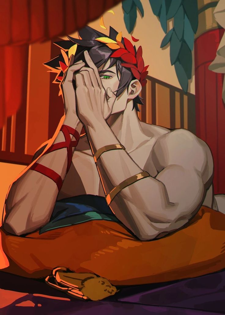 this is a digital illustration of a muscular, darkhaired man with green eyes wearing a red laurel wreath. he is sitting on a couch, his head resting on his hand, looking sad and defeated. he is wearing a gold bracelet and a red strap on his arm. the background is a blurry image of a room with a red curtain and a wall decorated with leaves. the man's sadness is visible in his posture and expression,  and he seems to be deeply affected by a recent event or the weight of his past. the vibrant colors and dramatic lighting create a strong visual impact.