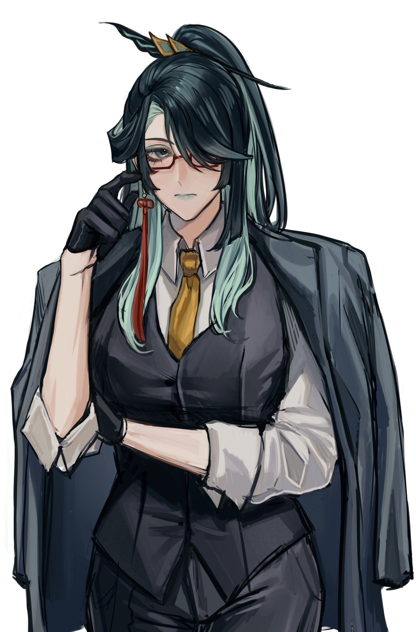 an illustration of an anime girl in a stylish, formal attire. she has long, flowing green and black hair, a suit jacket, and white shirt. she is wearing glasses, has a serious expression, and her hand is resting on her chin. she looks elegant and fashionable in her attire.