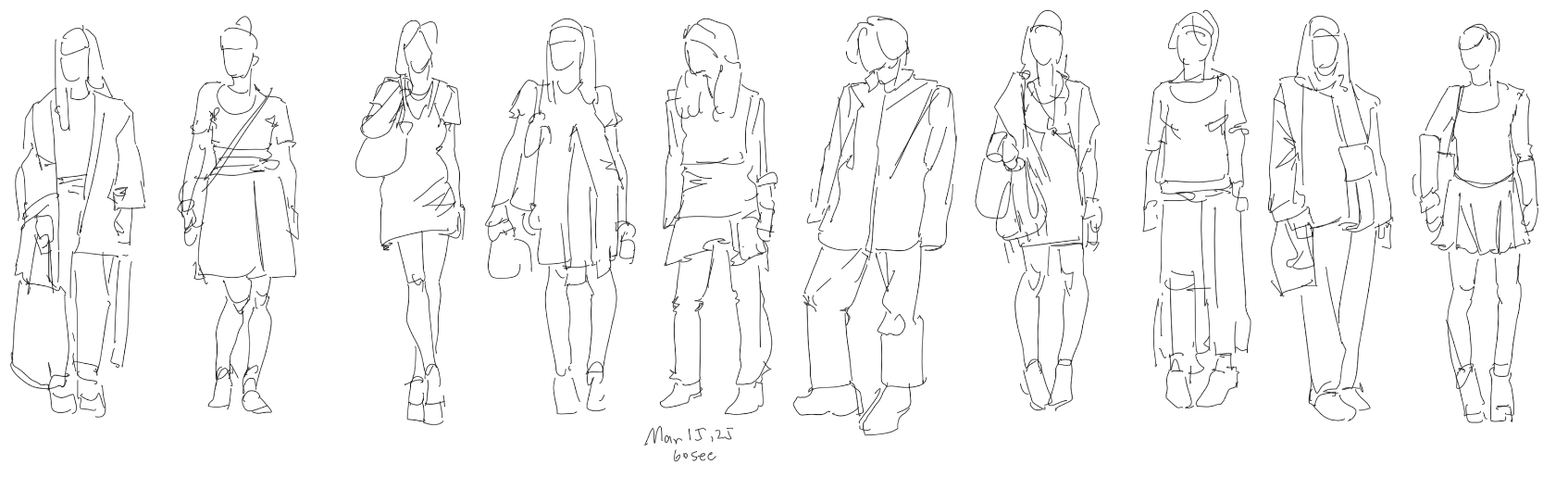 the image is a black and white sketch of several women standing and wearing various styles of clothing, including dresses, pants, and jackets. each woman is accessorized with bags, purses, and shoes. the line art illustration captures fullbody depictions of the figures, emphasizing fashion and style.