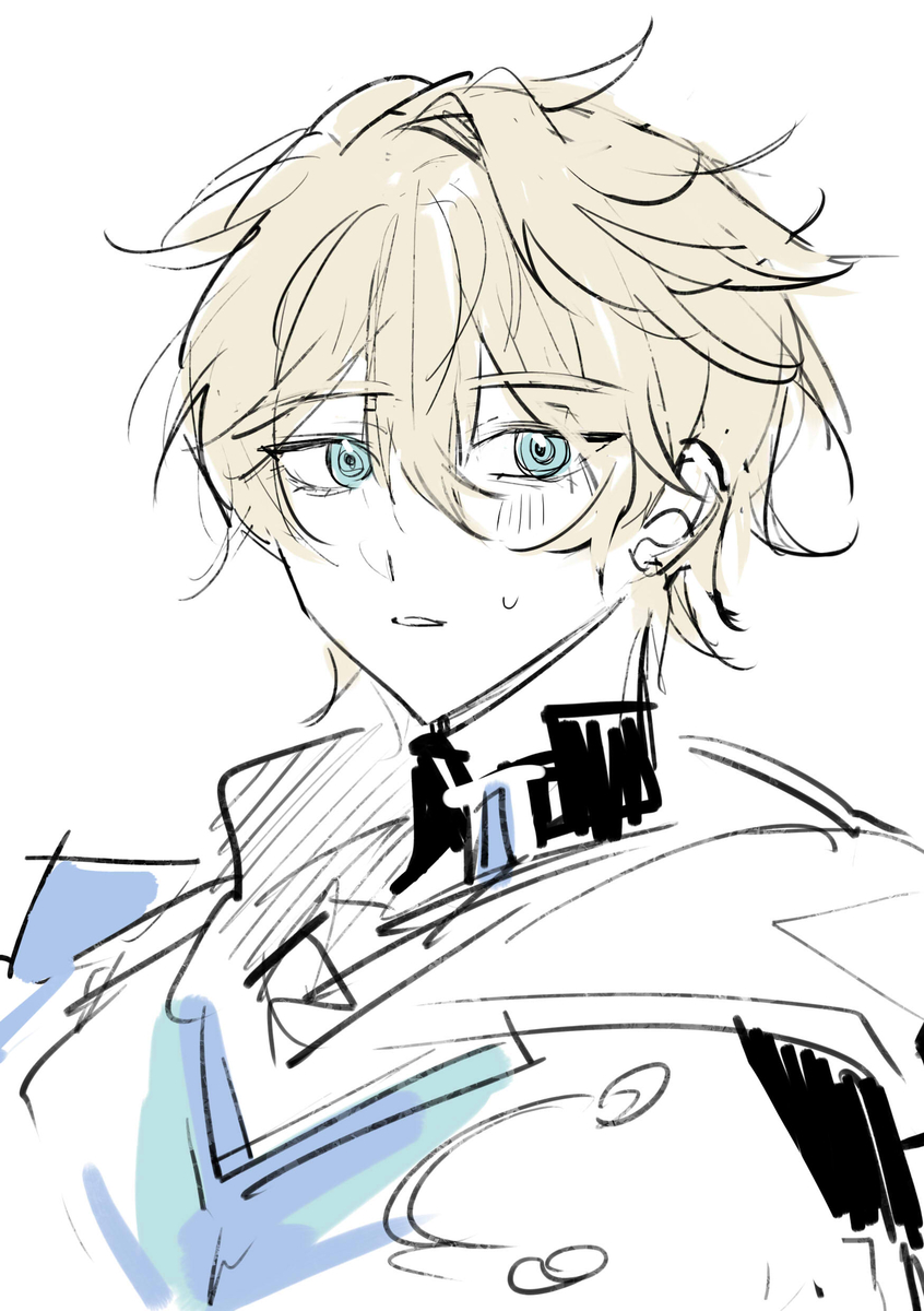 a sketch of a young blond haired boy wearing a white shirt with black trim. he has blue eyes and a serious expression on his face. the art style is anime/manga. the background is simple and mostly white, with a few light blue and black lines.  the sketch is done in a rough, digital style.