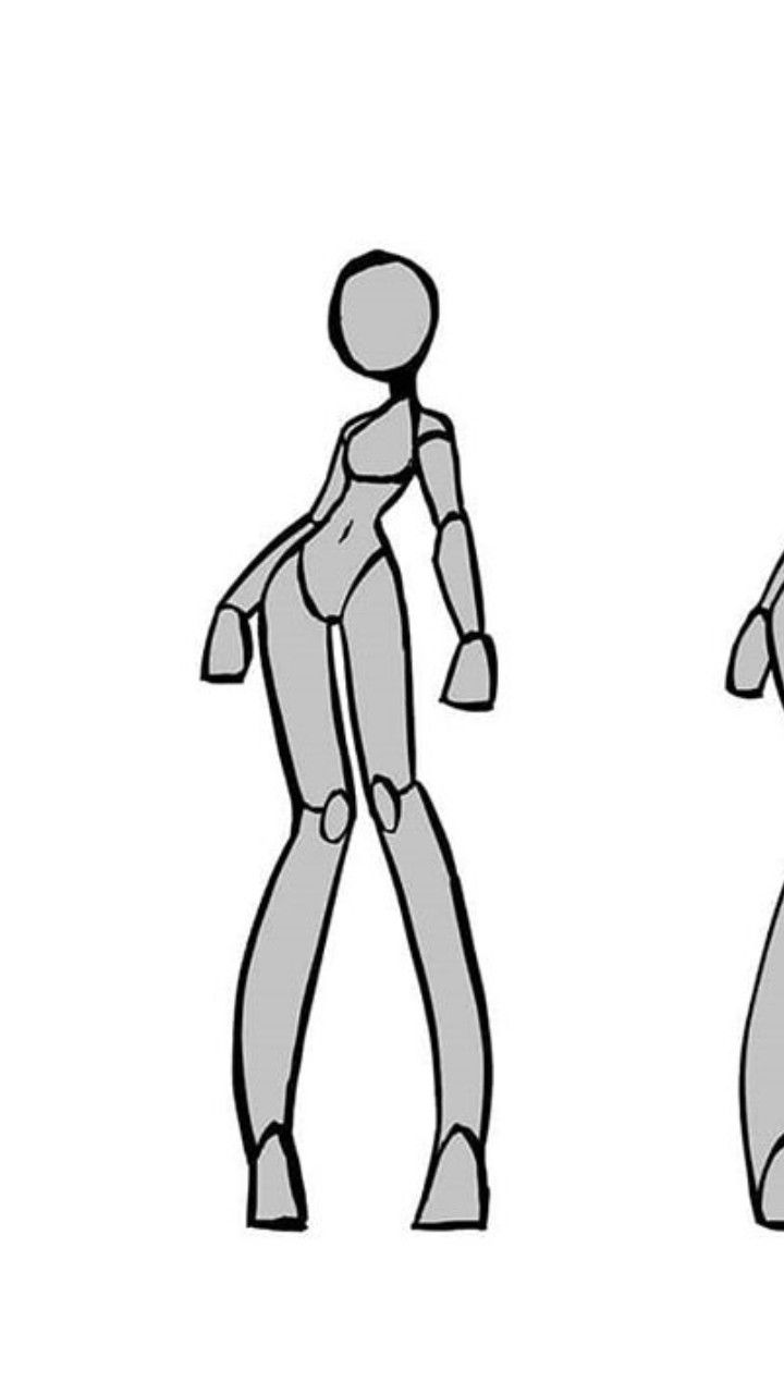 this image shows a stylized line art drawing of a female figure. the figure is depicted in a simplified cartoon style with exaggerated proportions and rounded joints, resembling a mannequin. the figure is shown from a side view, standing in a relaxed pose with hands on her hips. it likely serves as a reference for artists or a starting point for character design. the image is presented on a plain white background, emphasizing the clean lines of the sketch.