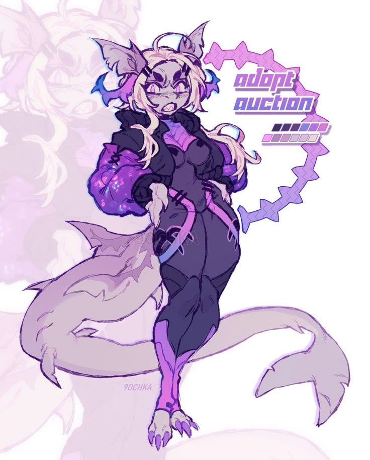 a fullbody digital illustration of an anthropomorphic shark character design, likely for an "adopt auction." the character has a humanoid body with sharklike features, including a shark tail and pointed ears. she is wearing a futuristic, formfitting dark gray suit with purple accents, and a black jacket with galaxypatterned purple sleeves. she has blonde hair, purple skin, and sharp teeth, with a slightly aggressive expression. the background includes a lighter, faded version of the character and a circular frame with "adopt auction" written on it, along with a color palette. the overall style is animeinspired with a focus on detailed line work and shading.