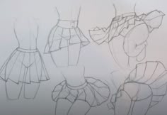 a sketch of four female figures wearing pleated skirts. all are wearing different skirt designs.  all are hand drawn in pencil.  the lines are simple and elegant. the overall style is feminine and playful.