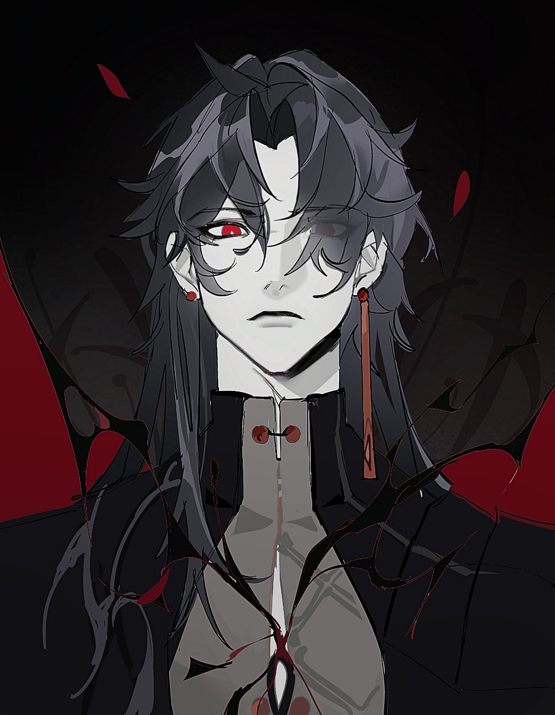 the image is a digital illustration of an anime character, a man with long black hair and a serious expression. he is wearing a dark coat with a high collar and has one eye covered by a bandage. his other eye is a piercing red. the background is dark and filled with intricate black and red swirls. the image has an intense and mysterious feel.