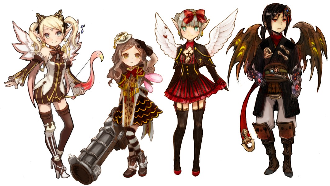 the image shows four anime characters.  the girl on the left is wearing a brown and white dress with wings and holding a bow and arrow. the girl in the center is wearing a brown and gold dress with a cannon in her hands. the girl on the right is wearing a red and black dress with wings. the boy on the right has a black coat and wings, and is holding two swords. they are all standing against a white background.