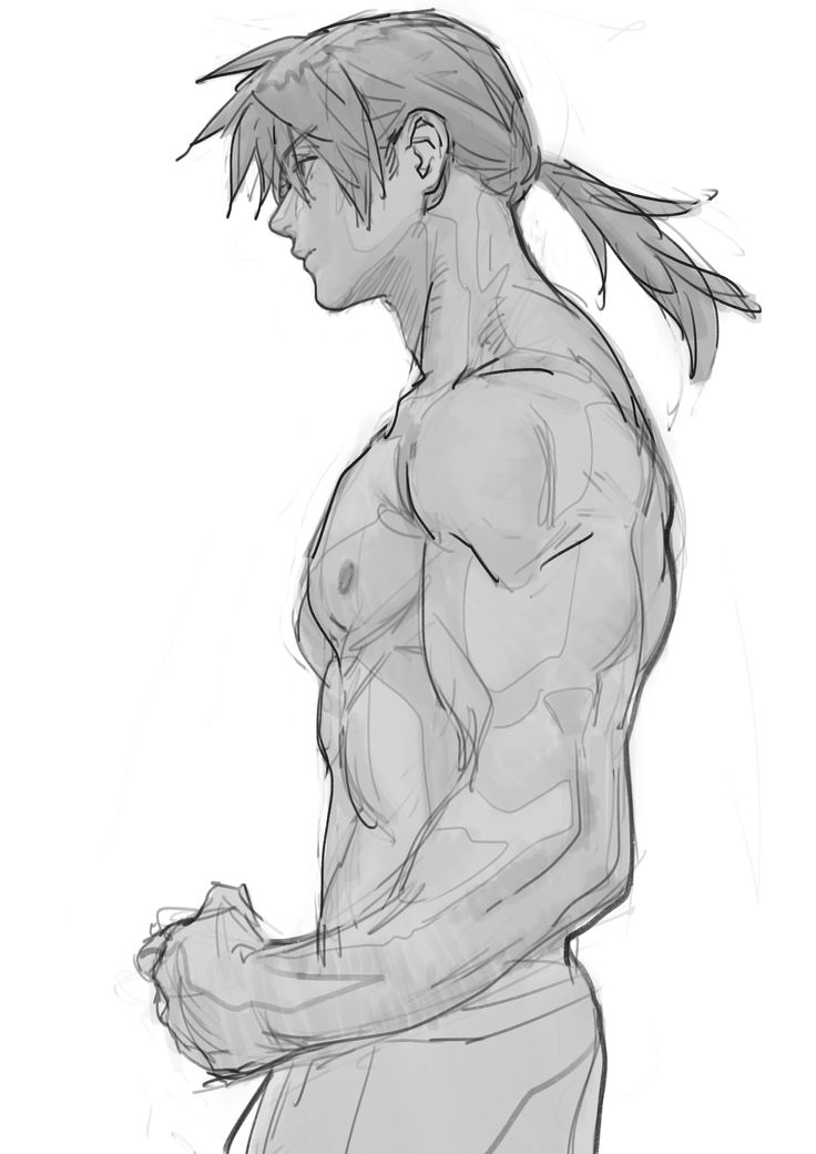 a grayscale sketch of a muscular male figure. the figure is shown from the side, with his arms at his sides. his hair is pulled back into a ponytail. the sketch is done in a loose, expressive style with visible pencil strokes. the figure's musculature is welldefined, giving the impression of athleticism. the overall style is reminiscent of character design or concept art for animation or video games.