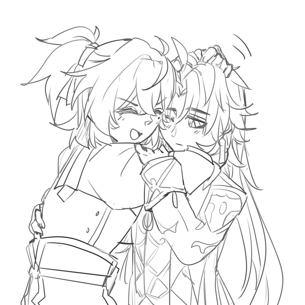 this is a black and white sketch of two anime girls hugging each other. the girl on the left has her arms wrapped around the girl on the right, and the girl on the right has her head resting on the left girl's shoulder. they both appear to be smiling.  the drawing is very detailed and includes a lot of shading.  the background is white, and the image is cropped around the edges.