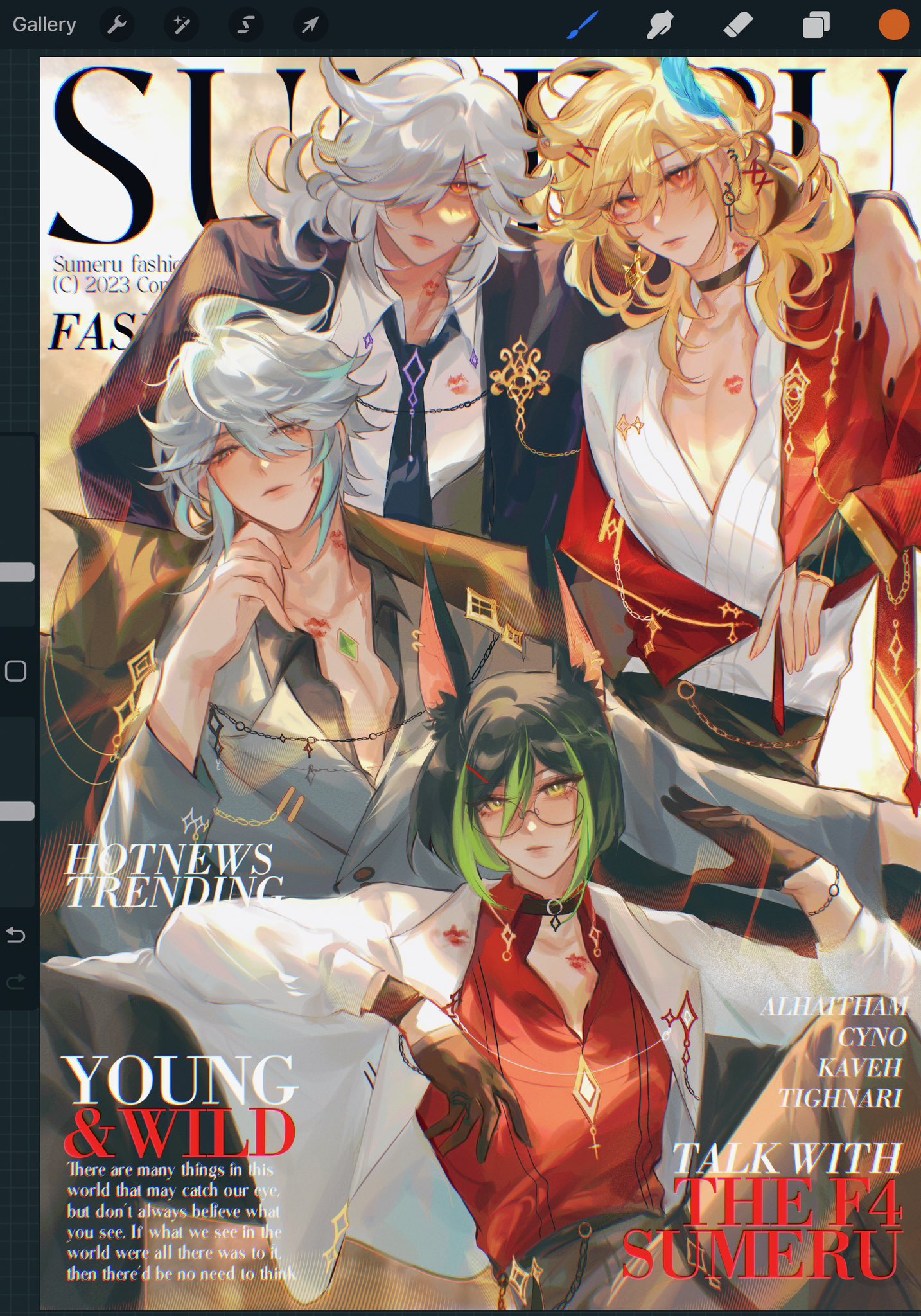 a digital fanart depicting four male characters from the game genshin impact, specifically althaitham, cyno, kaveh, and tighnari, styled in a fashion magazine cover format.  they are arranged in a group pose, each character exhibiting distinct styles and accessories. the background features a magazine layout with text suggestive of a sumeru fashion spread, along with descriptive words like "young & wild" and "hotnews trending." the overall aesthetic is vibrant and stylish, showcasing the characters in a trendy and fashionable context.