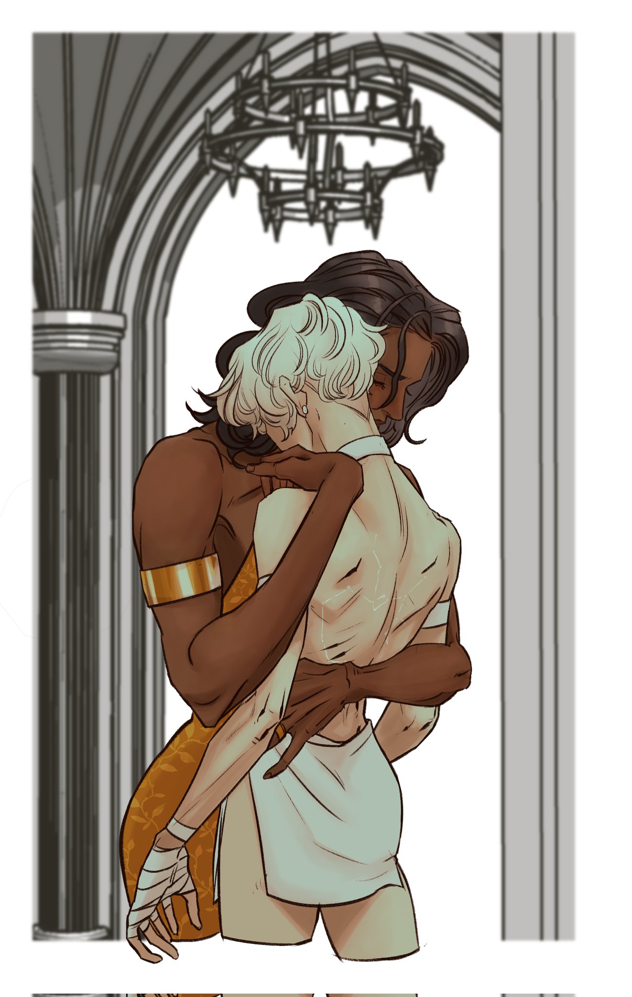 an illustration depicts a darkskinned person with dark hair embracing a lightskinned person with light hair. the darkskinned person has a gold armband and a bandage around their hand, wearing a patterned garment. the lightskinned person is wearing white cloth. they are in a grand room with a chandelier and architectural details.