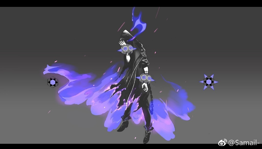 a male character is depicted in a dynamic pose, seemingly midair. he's engulfed in swirling purple and blue flames, emanating primarily from his back and trailing behind him. the figure wears a long, dark coat with a hood obscuring his face. the overall aesthetic is dark and mysterious, hinting at a powerful, potentially magical, being. the background is a simple, dark grey, further emphasizing the character and the vibrant flames.