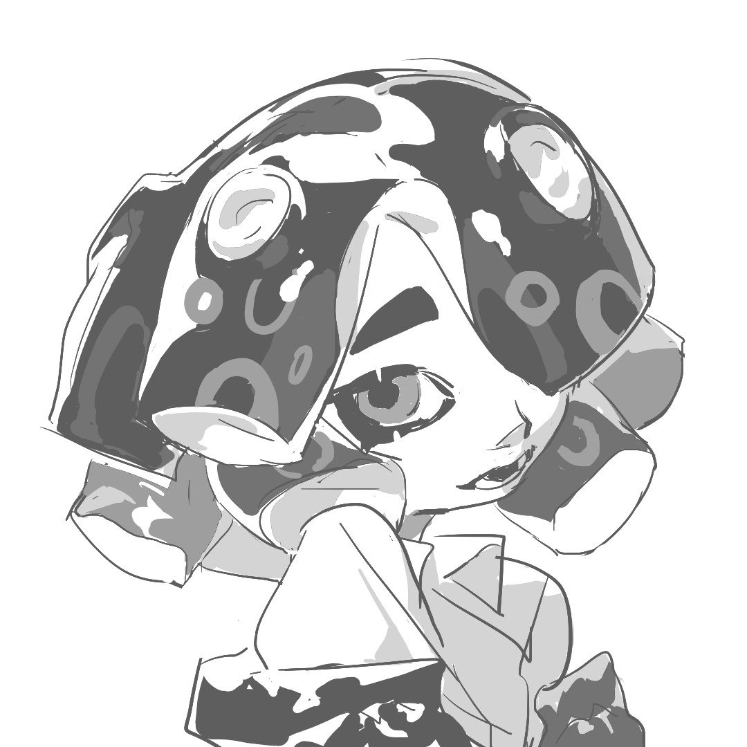 this is a grayscale illustration of a female anime character. the character has black hair styled like an inkling, with a squidlike pattern on her head. she has black eyes and black outlines around her mouth and nose. her body is a white silhouette with dark accents.  she looks confident and stylish with an almost smug expression. she looks like she's about to say something sassy or witty.