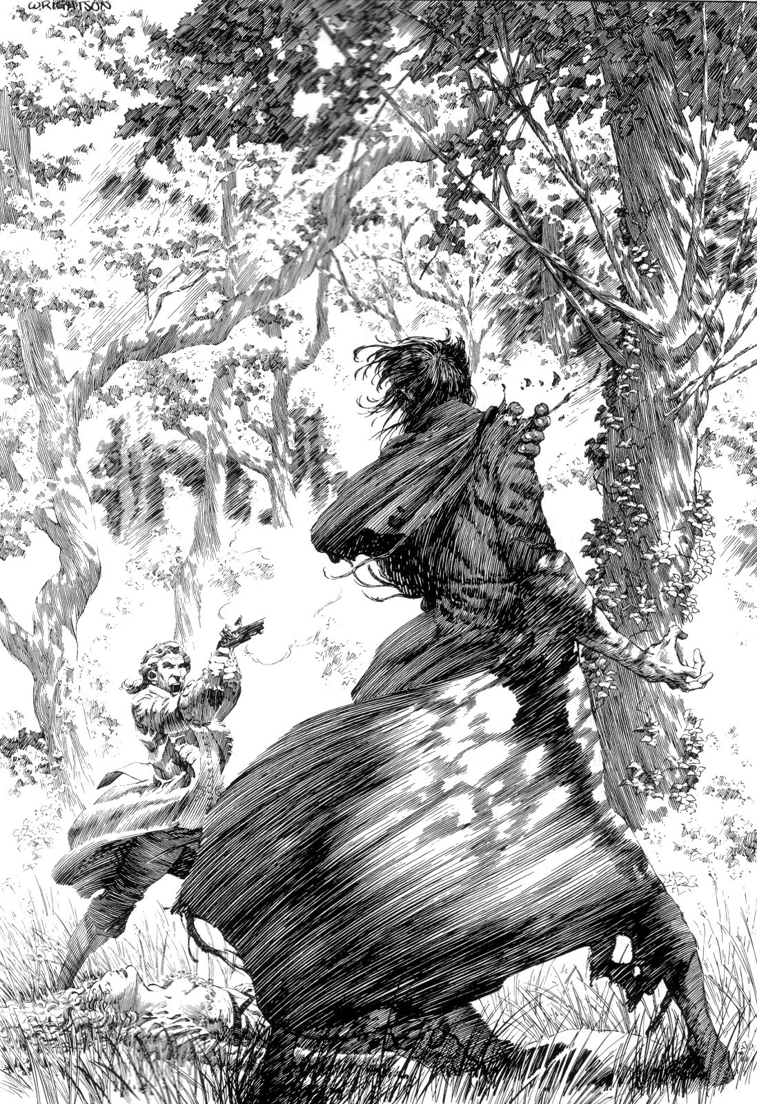 a black and white illustration of a dramatic sword fight in a forest. a man with long hair and a tattered cloak lunges forward, his sword raised in attack. his opponent, a woman with a determined expression, parries his blow with her own sword. the figures are surrounded by the dense foliage of the forest, creating a sense of claustrophobia and danger. the high contrast lighting adds to the intensity of the scene.