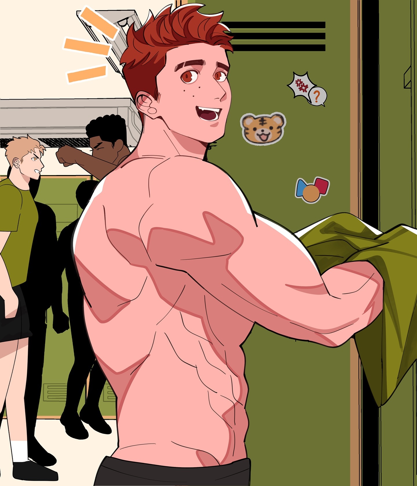 the image is a digital illustration from a comic or manga, showing a shirtless, muscular young man with red hair in a locker room. he's looking back over his shoulder with a smile, holding a towel. other, less detailed figures are visible in the background, suggesting other people are present in the locker room. the style is cartoonish and vibrant, with speech bubbles and small cartoonish images added as stylistic elements.  the overall mood is lighthearted and playful.