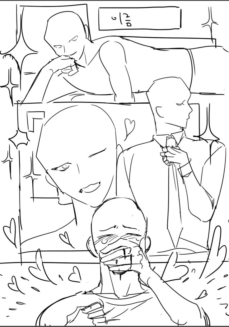 this is a digital drawing of anime characters in different poses. the drawing is made with black lines on a white background. the characters are drawn in a simple style, with no details or shading. the drawing is likely a reference for artists who want to learn how to draw anime characters.