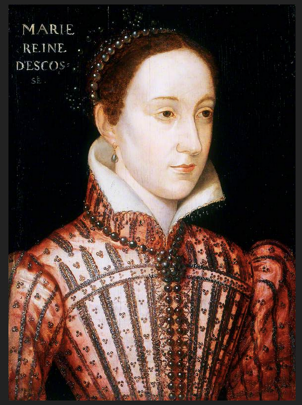 this is a portrait painting of marie reine d'ecosse, also known as queen mary of scotland. she is depicted in a renaissanceera style with a red dress adorned with pearls. she wears a white collar and her hair is styled with a pearl headband. the painting highlights her nobility and portrays a historical figure from the tudor era. the background is dark, emphasizing the subject.