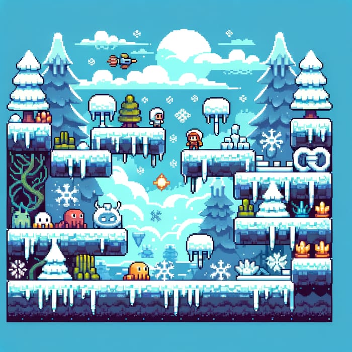 the image shows a game scene with a winter theme. the background has a blue sky with white clouds, and the foreground is covered in snow and ice. there are three characters in the image, two of whom are standing on platforms. there are also several items and obstacles in the scene, such as trees, snowmen, and ice spikes. the image is in a pixel art style.