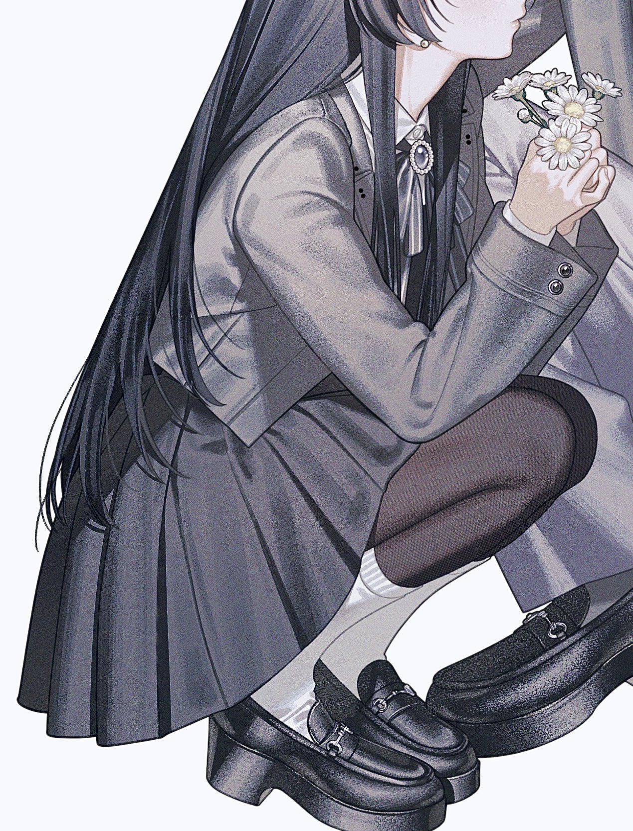 the image is a detailed illustration of an anime girl. she has long black hair, is wearing a grey blazer and pleated skirt, black loafers with white socks, and is holding a small bouquet of daisies. she is crouching down, and the image is a side profile view. the style is elegant and stylish, with realistic details in the clothing and hair. the overall color palette is muted and cooltoned.