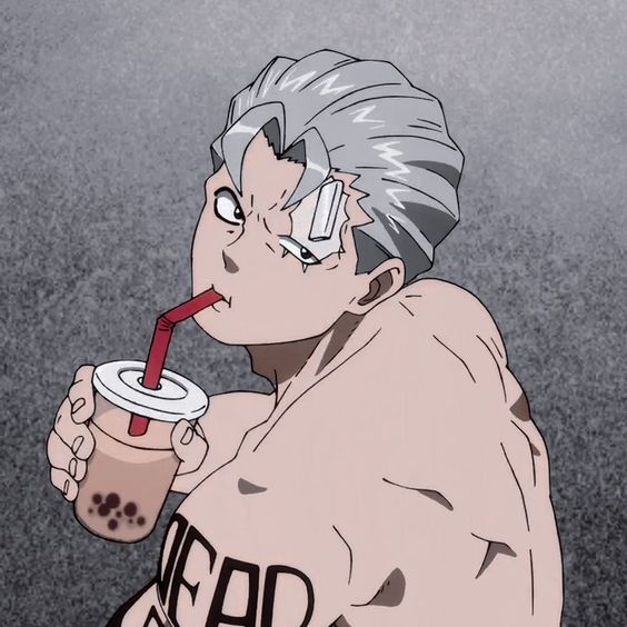 a shirtless, muscular anime man with gray hair, a bandage above his right eye, and the word "dead" tattooed on his chest is enjoying a boba tea.  the background is a textured gray.