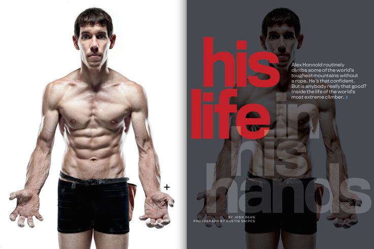 this is a photo and magazine article about rock climber alex honnold. it focuses on his life, which is in his hands.  it shows a portrait of alex honnold with a bare chest and a muscular build, while highlighting the risks he takes as a climber. it is taken in a photo studio.