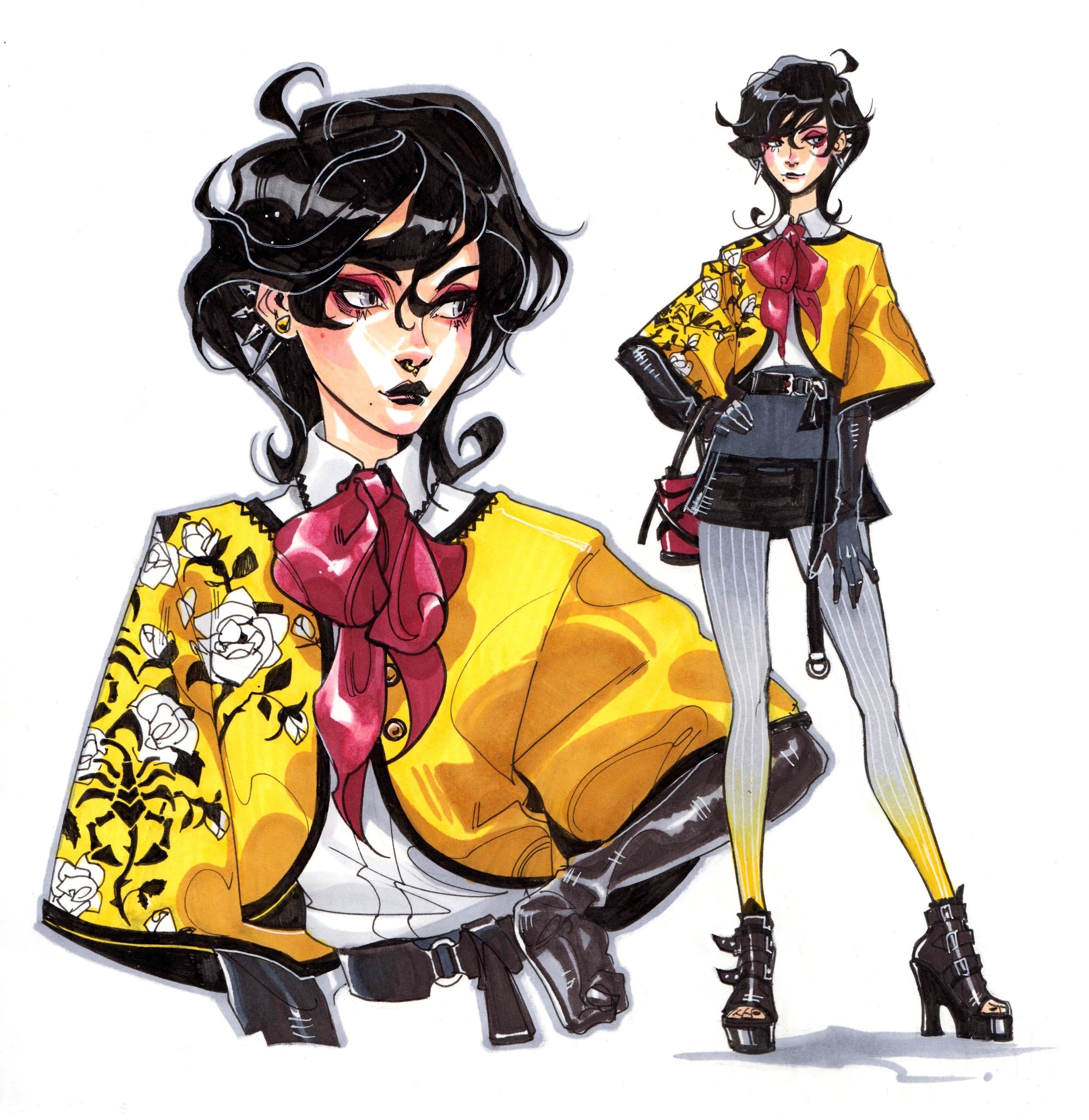 he image showcases a detailed character design of a young woman, possibly for a comic book or graphic novel.  the artwork presents two views of the character: a closeup portrait focusing on the face and upper body, and a fullbody illustration showing her pose and outfit. she is stylishly dressed in a vibrant yellow jacket adorned with white roses and dark scorpionlike embroidery, a dark shirt, a dark gray miniskirt, black gloves, and highheeled boots. her hair is dark and styled, and she wears dark makeup, adding an edgy and elegant touch to her overall look. the style is dynamic and bold, with a blend of manga and western influences. the illustration is done with markers or a similar medium, with careful attention to detail in both the character's features and her clothing. the color palette is vibrant and contrasting, with the bright yellow of the jacket creating a striking contrast against the darker elements.