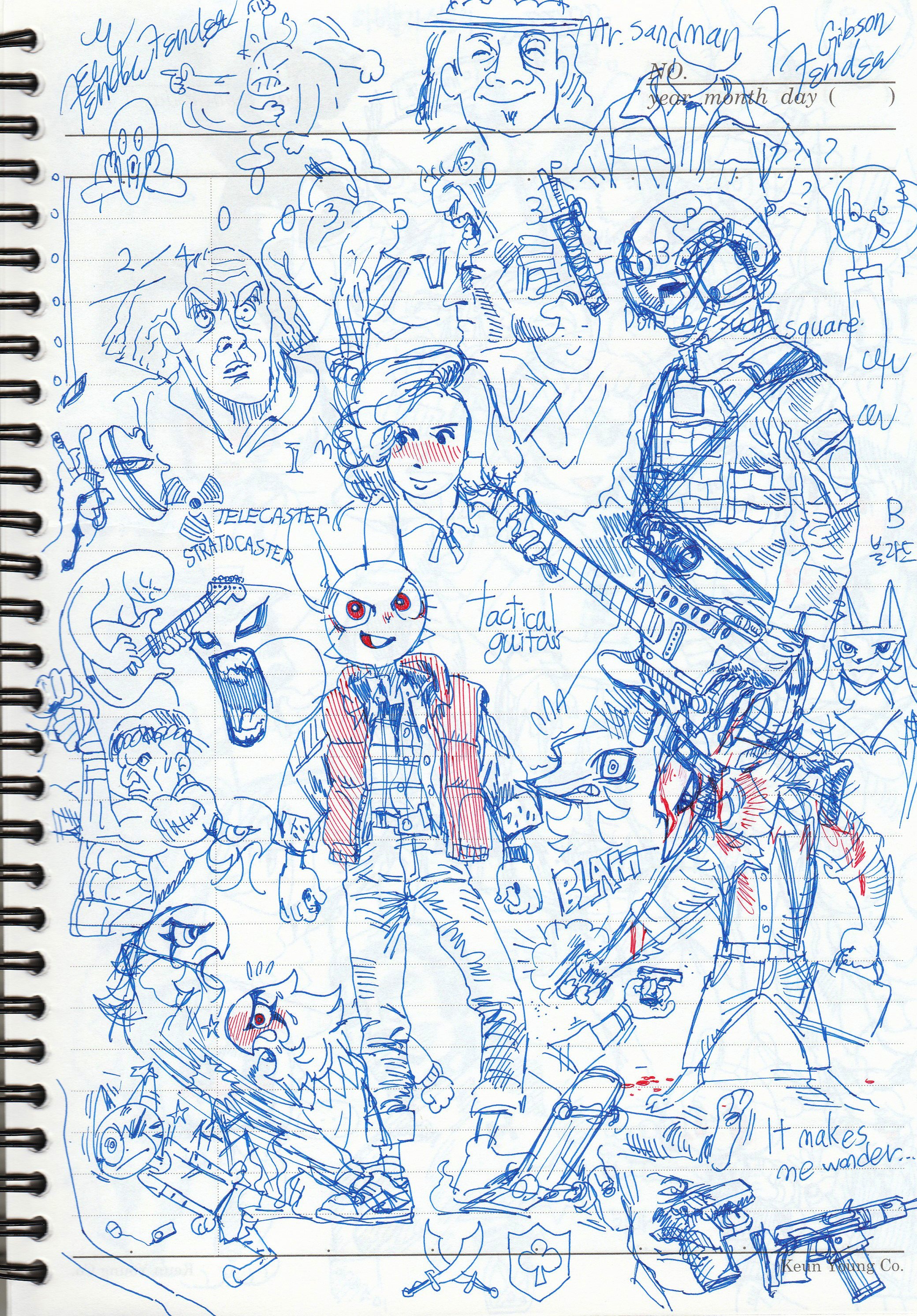 a notebook page is filled with doodles of people, weapons, and musical instruments, including a soldier, a man with a guitar, a robot with a gun, and a bomb. there are also some notes and doodles in the background that make it look like a student was trying to concentrate on their classwork. the doodles are drawn in blue and red ink and are very detailed.