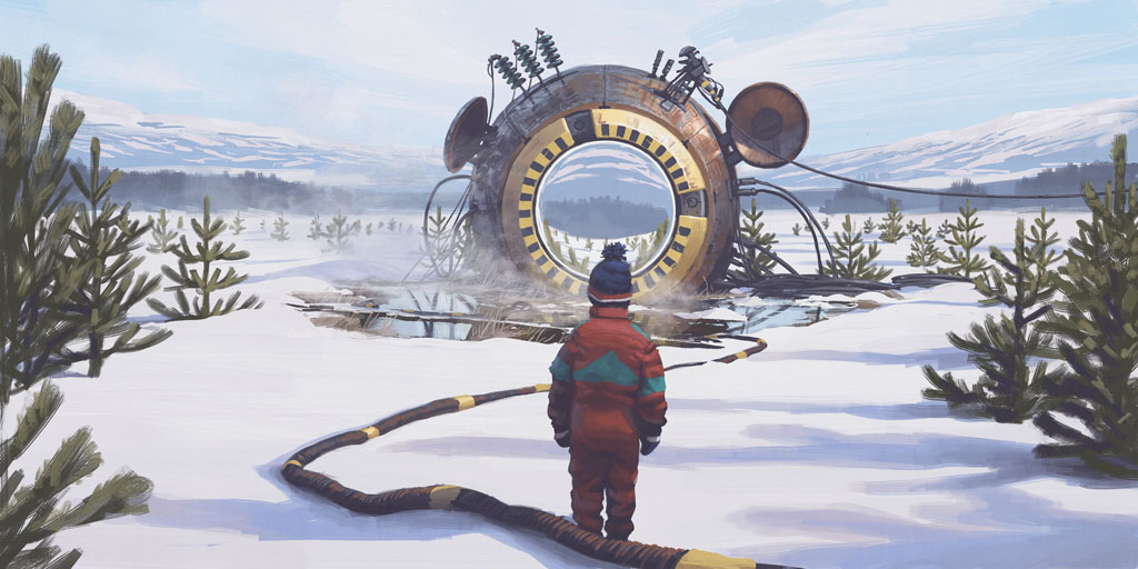 a lone child in a red jumpsuit stands in a snowy landscape, looking at a large, circular, metal structure. the structure is halfburied in the snow and appears to be futuristic or technological in nature. it has a large, circular window that reflects the surrounding landscape. the child is dwarfed by the size of the structure, giving the scene a sense of wonder and mystery. the snowcovered ground and the trees in the background add to the feeling of isolation and solitude.