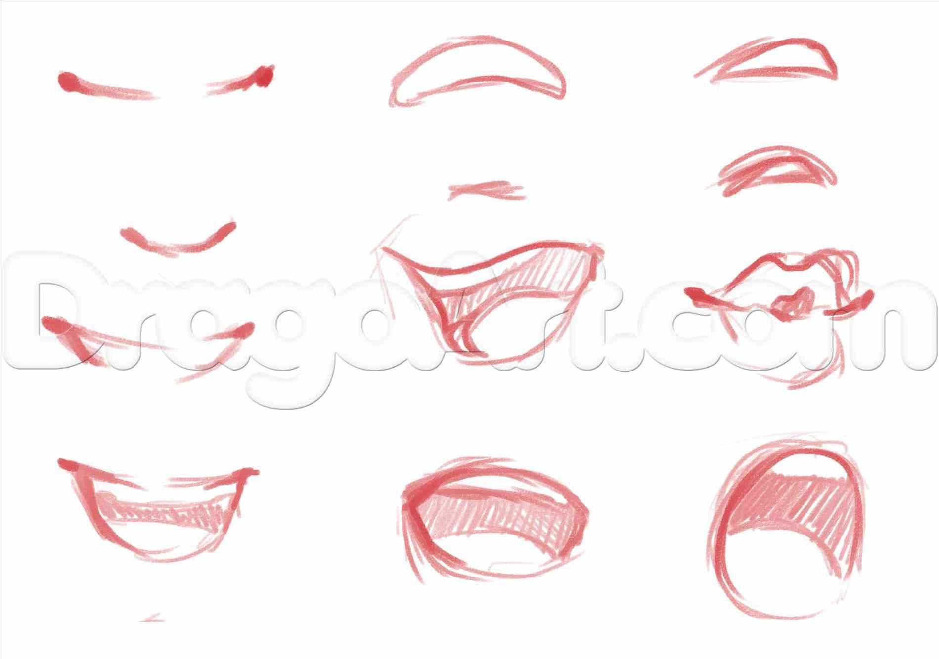 the image is a drawing tutorial on how to draw anime mouths. the drawing depicts a series of mouths in various expressions, such as smiling, open, and happy.