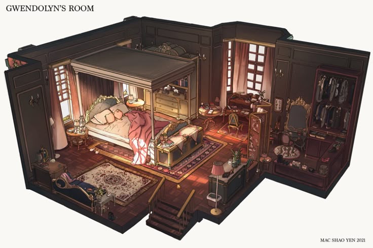 an illustration of gwendolyn's room in a cutaway perspective. the room is lavishly decorated with dark wood paneling. a fourposter bed dominates the space, with a chaise lounge, desk, chair, wardrobe, and various tables and dressers arranged throughout the room. sunlight streams in through the windows, illuminating the rich fabrics and detailed furnishings.