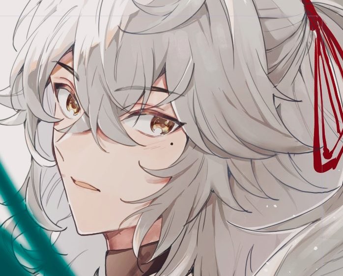 a closeup portrait of an anime character with white hair tied back with a red ribbon. he has grey eyes and is looking at the viewer. the image is drawn in a manga style.