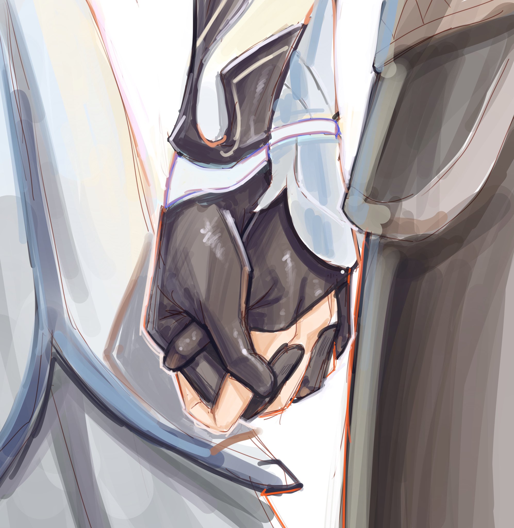 the illustration shows a couple holding hands. the female character is wearing a white outfit with blue accents and the male character is wearing a dark outfit with a black glove. their hands are intertwined and they are looking at each other with affection. the drawing is done in a soft and delicate style, with pastel colors and a lot of white space. the overall feeling is sweet and romantic.