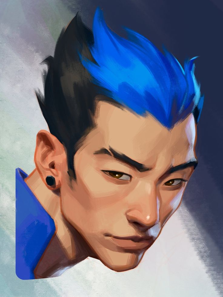 the image is a digital painting of a young asian man's portrait. the style is semirealistic with painterly brushstrokes giving it a soft yet detailed quality. the man has striking features, including dark eyes and sharp cheekbones. his hair is a dramatic mix of black and bright blue, styled in a sort of mohawk. he is wearing a dark blue jacket or shirt.  the background is a muted blend of grays and blues, drawing focus to the subject. the overall mood is serious and intense, with the man's expression conveying a quiet contemplation or determination.