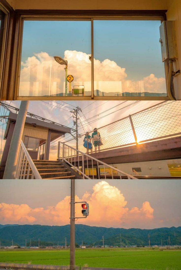 the image is a triptych composed of three stacked photos. the top photo is a view from inside a building, looking out through a window. the window frames a scene of puffy white clouds against a bright blue sky. a street lamp and signage are visible through the glass, reflecting the outdoor scene. the middle photo shows a pedestrian overpass with two girls standing on it. the staircase leading up to the overpass is visible, as well as a small building with windows. the sun shines brightly behind them, creating a warm glow. the bottom photo features a green field with lush grass stretching towards a line of trees and a mountain range in the distance. a traffic light stands tall in the foreground, with its red light illuminated. the overall aesthetic is peaceful and serene, capturing the beauty of a japanese landscape.