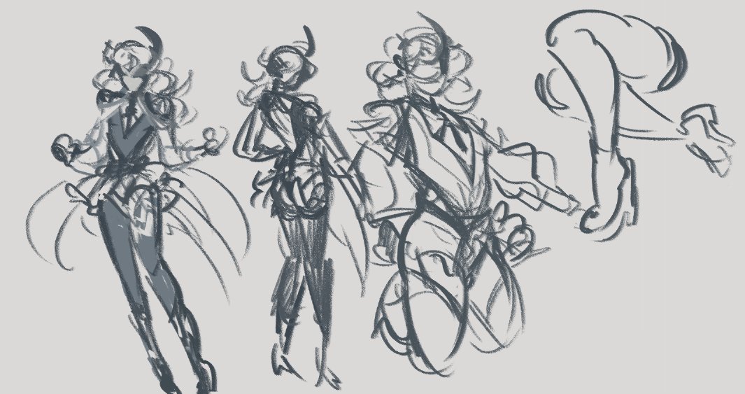 the image contains several rough sketches of a female character in various poses. the character appears to have horns and is wearing a unique costume, which is also detailed in the sketches. the poses are dynamic and show different angles of the character.