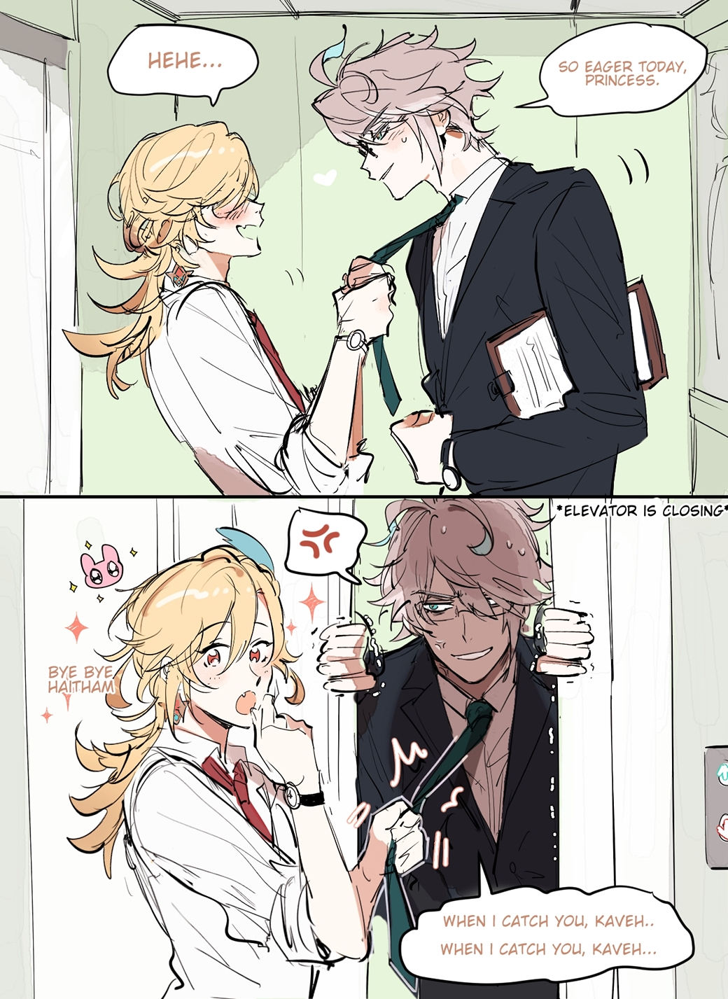 this is a comic style image of two anime boys. the one on the left is pulling on the tie of the one on the right. the one on the right is smiling mischievously. they are both blushing and have hearts around them. they are in an elevator and the doors are closing. the boy on the left has blonde hair and is wearing a white shirt and red tie. the boy on the right has pink hair and is wearing a black suit and green tie.