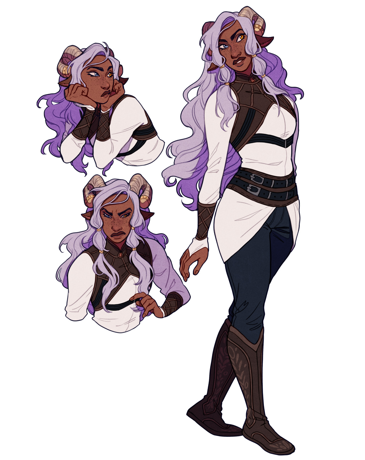 the image showcases a digital illustration of a female tiefling character. she has warm brown skin, long, wavy purple hair, and prominent ramlike horns. she is dressed in a white tunic with brown leather accents, black pants, and brown leather boots. the illustration includes a fullbody view and two headshots depicting different expressions. the overall style is stylized and expressive, with soft lighting and a slightly low perspective.