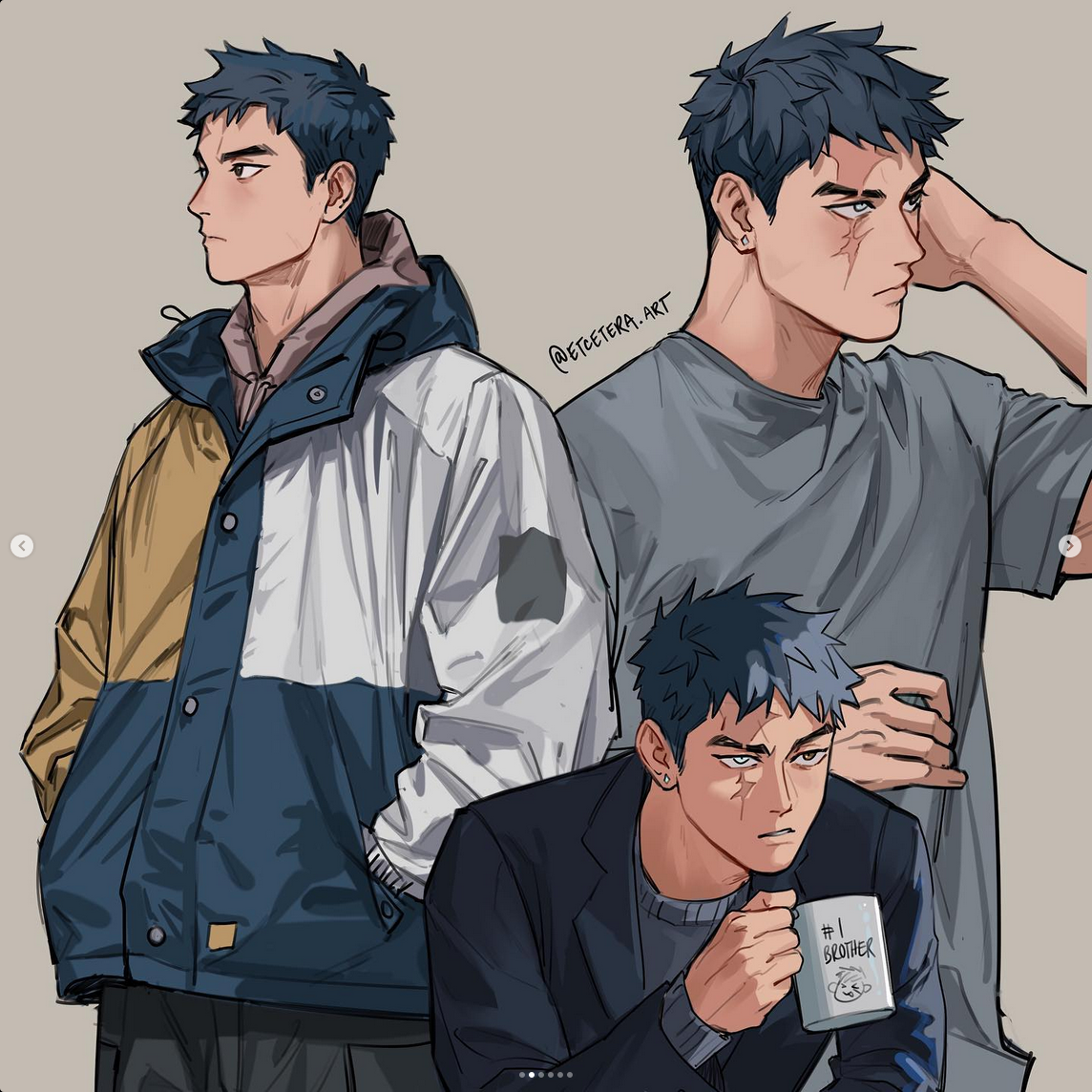 the image showcases three distinct depictions of the same animestyle male character. each portrayal captures a different aspect of his persona. in the first, he's dressed in casual streetwear, exuding a cool and approachable vibe. the second image highlights his rugged handsomeness with the addition of a facial scar, while he sports a simple tshirt. the final depiction offers a glimpse into his softer side, as he holds a mug emblazoned with "#1 brother" while sporting a more serious expression. the consistent use of cool tones and soft lighting throughout the piece contributes to its overall cohesive and visually appealing aesthetic.