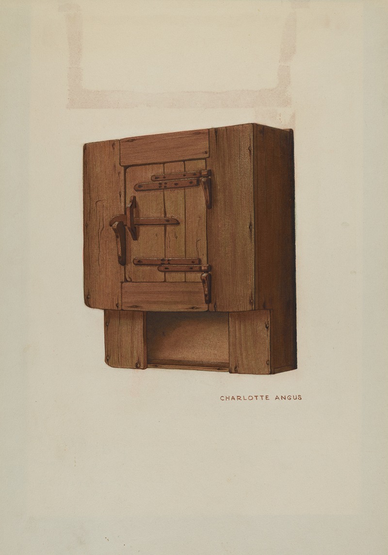 an illustration of a rustic wooden cabinet with a door, hinges, and latch, including a small shelf beneath the door. the illustration is signed "charlotte angus."