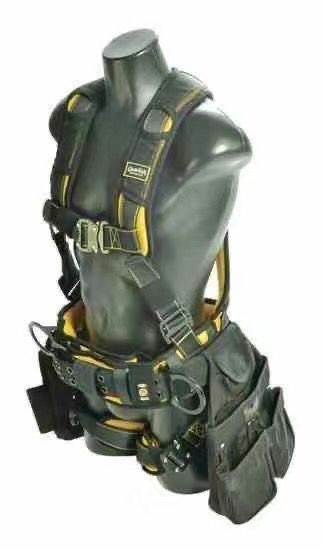 a full body safety harness with a tool belt. the harness is black and yellow with a large chest strap. the tool belt is black with multiple pockets and pouches.