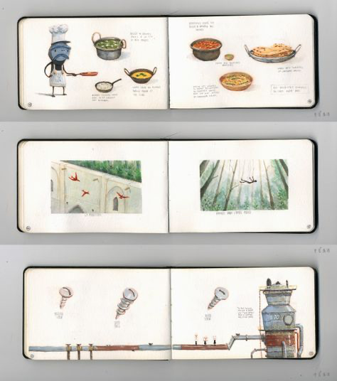 the image is a collection of pages from a sketchbook with various illustrations on each. some pages show drawings of food like curry, bread, and vegetables. others show birds flying in the sky, a person falling from a tree in a forest, and a detailed drawing of a screw and a pipe connected to an industrial machine. the pages are all bound together in a black sketchbook. each page has a number on the bottom right corner, with 9, 10 and 11 visible.