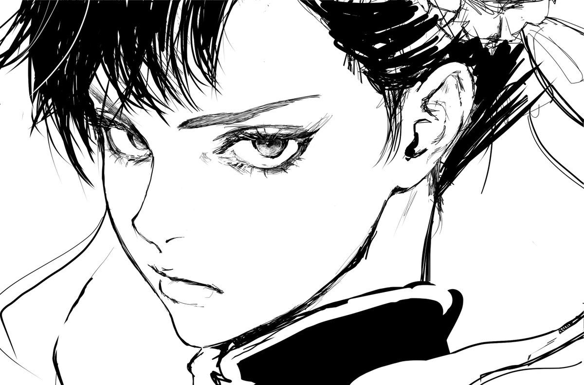 a black and white anime/manga style portrait of a female character. the focus is on her face, specifically her eyes and facial expression. she has short, dark hair and is wearing a collared outfit. the drawing is done in a sketchlike style with visible linework.