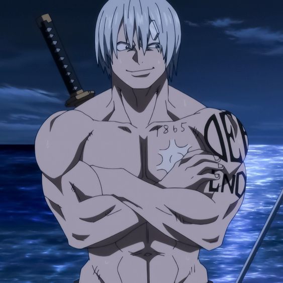 the image features a muscular, shirtless, silverhaired anime man standing with his arms crossed. he has a smug grin on his face and a tattoo on his left arm that reads "death end" with the number "7865" above it. he's holding a small, white, round object in his right hand. a sword with a black and gold hilt is visible behind him, resting against what appears to be a boat railing. the background shows a dark blue ocean with the horizon barely visible, suggesting it's nighttime. the lighting is dim, emanating primarily from the moon, which casts a faint glow on the man's body and the water.